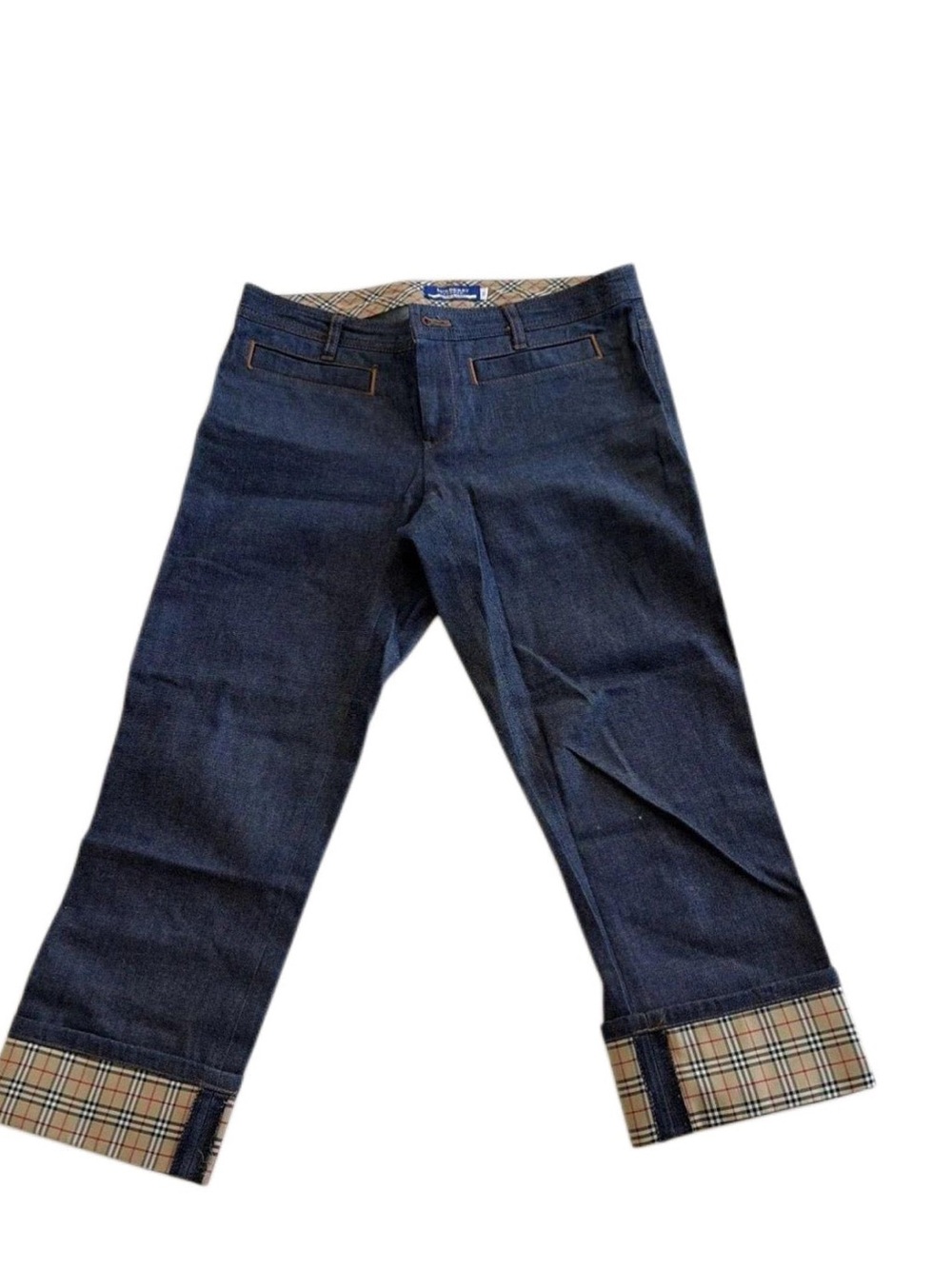 Burberry Dark Blue Bootcut Jeans with Signature Plaid Cuff